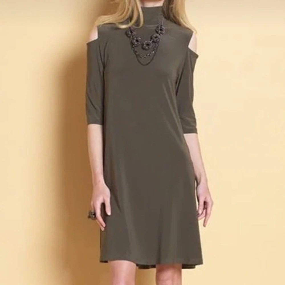 Clara Sun Woo Mock Neck Shoulder Cutout Stretch Jersey Dress Olive Green Size XS